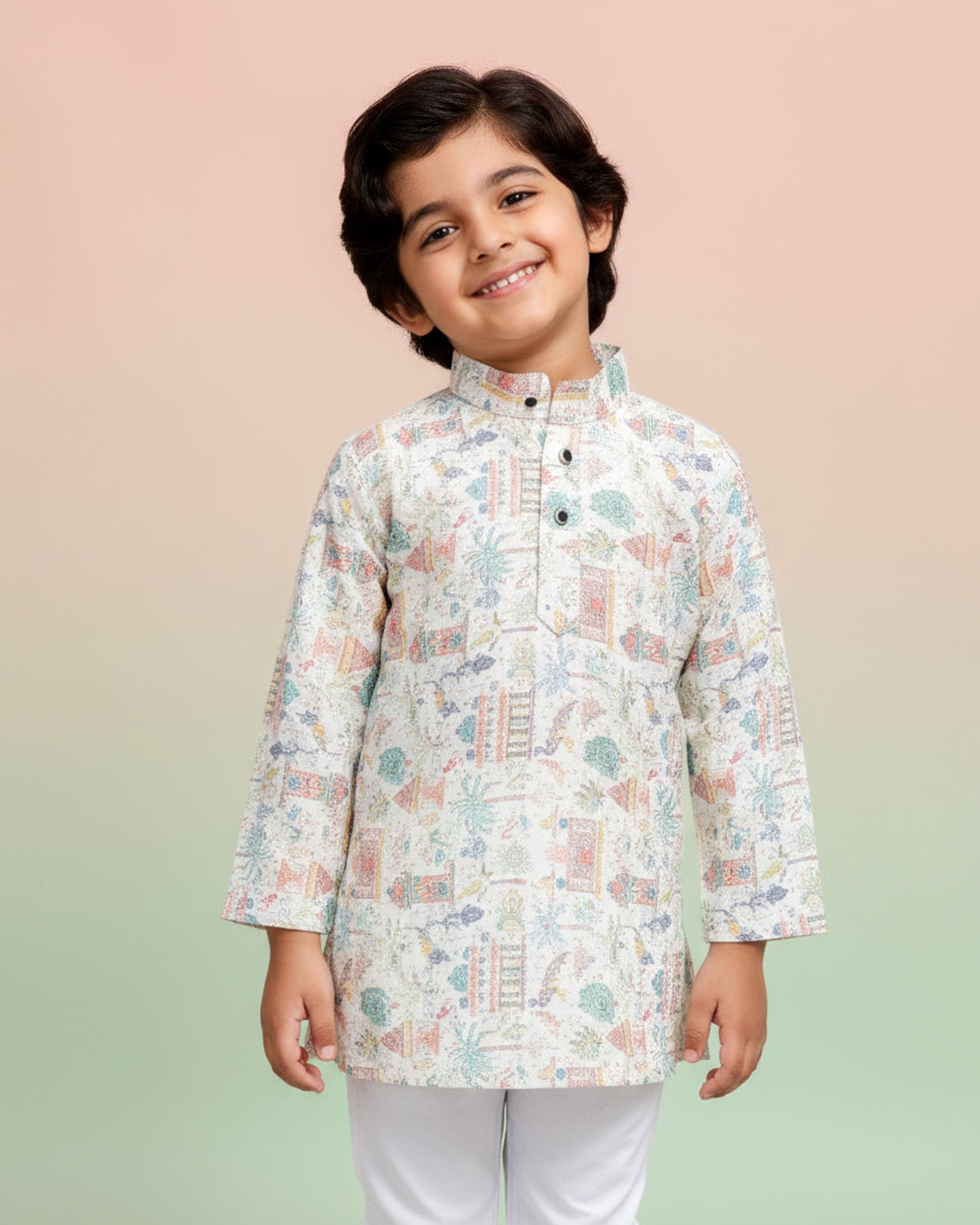 Boys green kurta adorned with traditional Bandhani-inspired patterns in red and gold., Multi