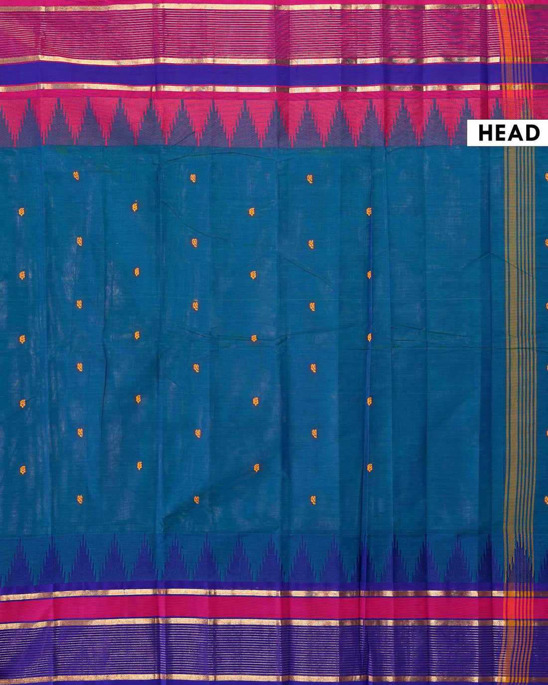 Traditional Handloom Chettinad Cotton Saree with Allover Butti and Contrast Zari Woven Temple Rettapet Border - Blue