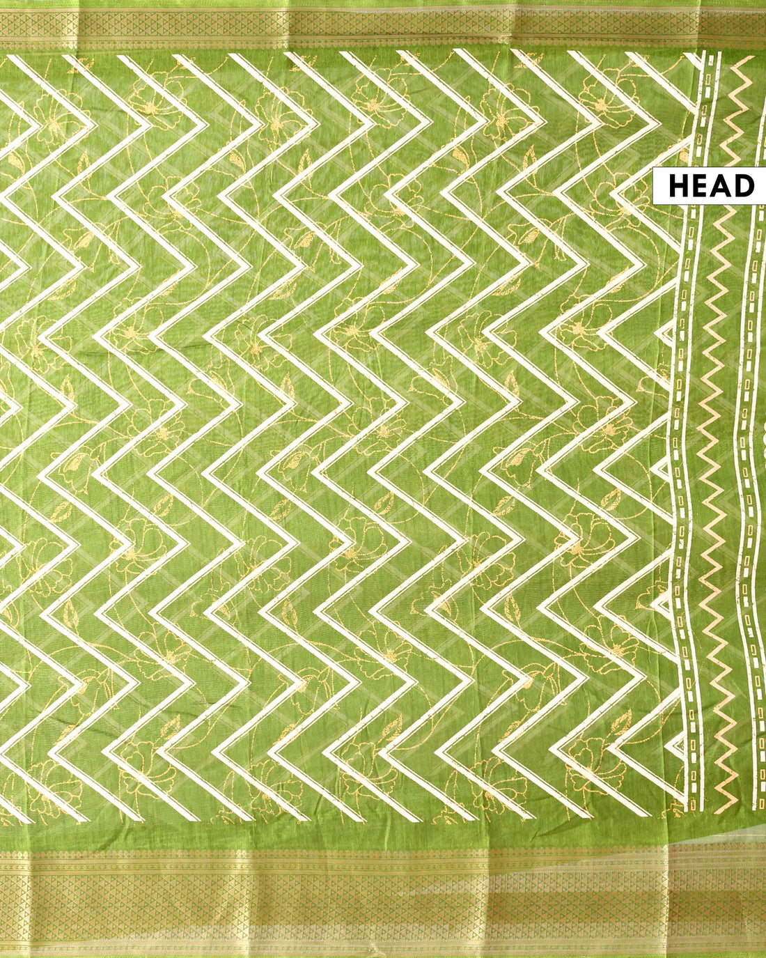 Elegant Dola Saree with Chevron and Floral Inspired Print and Classic Zari Woven Border - Green