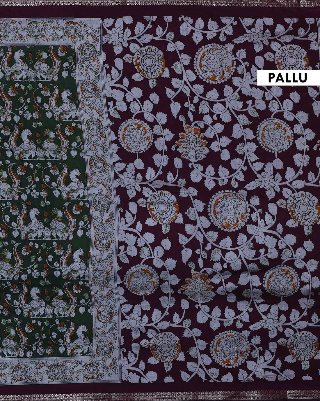 Elegant Semi Chanderi Saree with Traditional Kalamkari Handcrafted Motifs and Intricate Zari Border - Green
