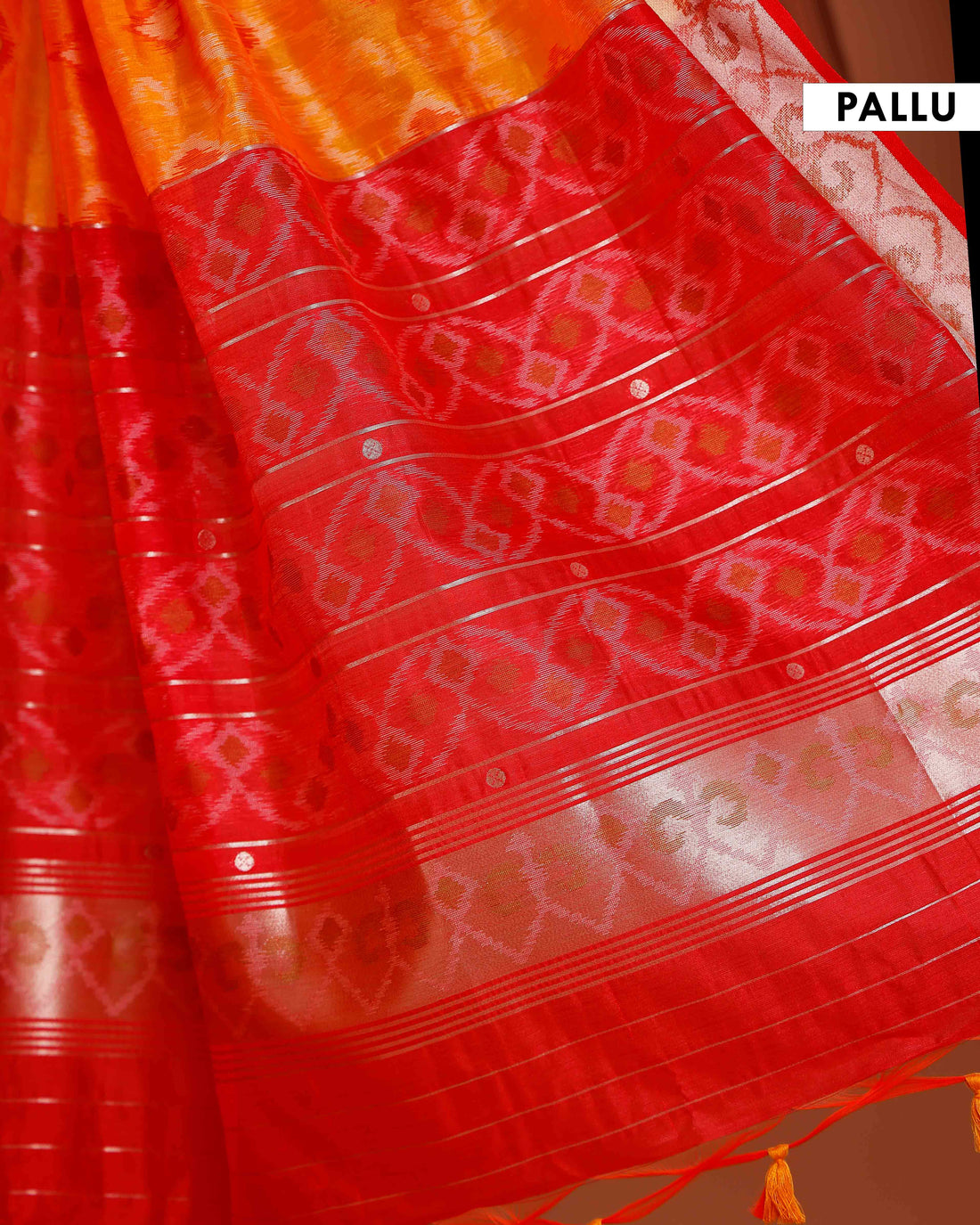 Elegant Ikat Woven Semi Silk Saree  with Traditional Zari Border & Pallu - Orange