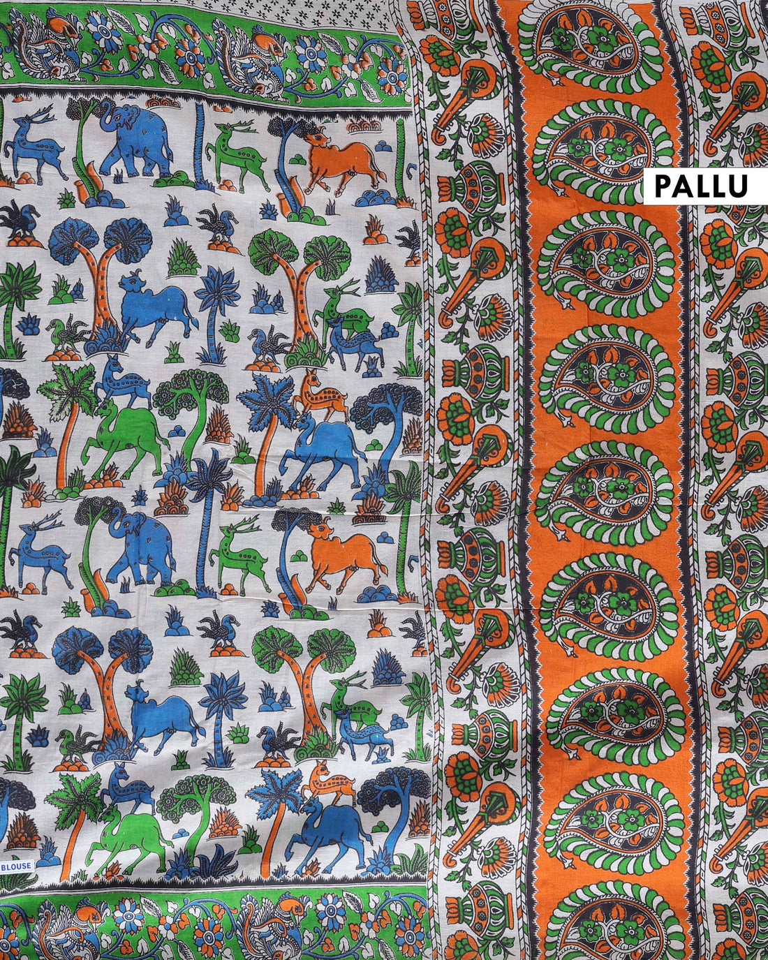 Handcrafted Traditional Kalamkari Cotton Saree with Nature & Wildlife Motifs- Cream