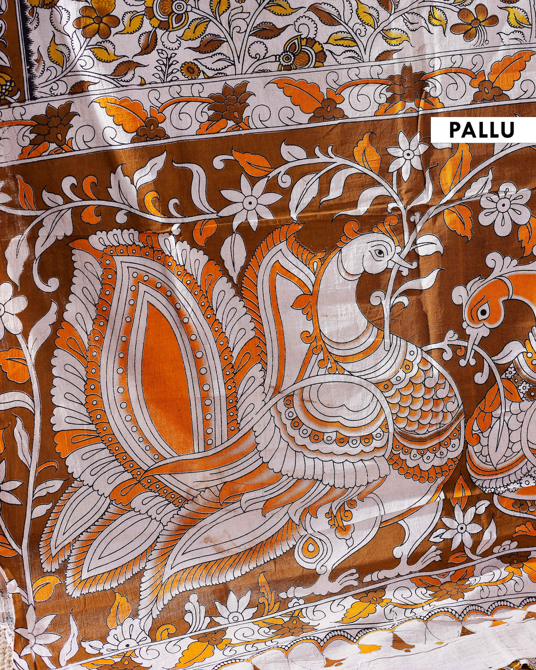 Traditional Handloom Kalamkari Cotton Saree with Intricate Floral and Avian Motifs - White