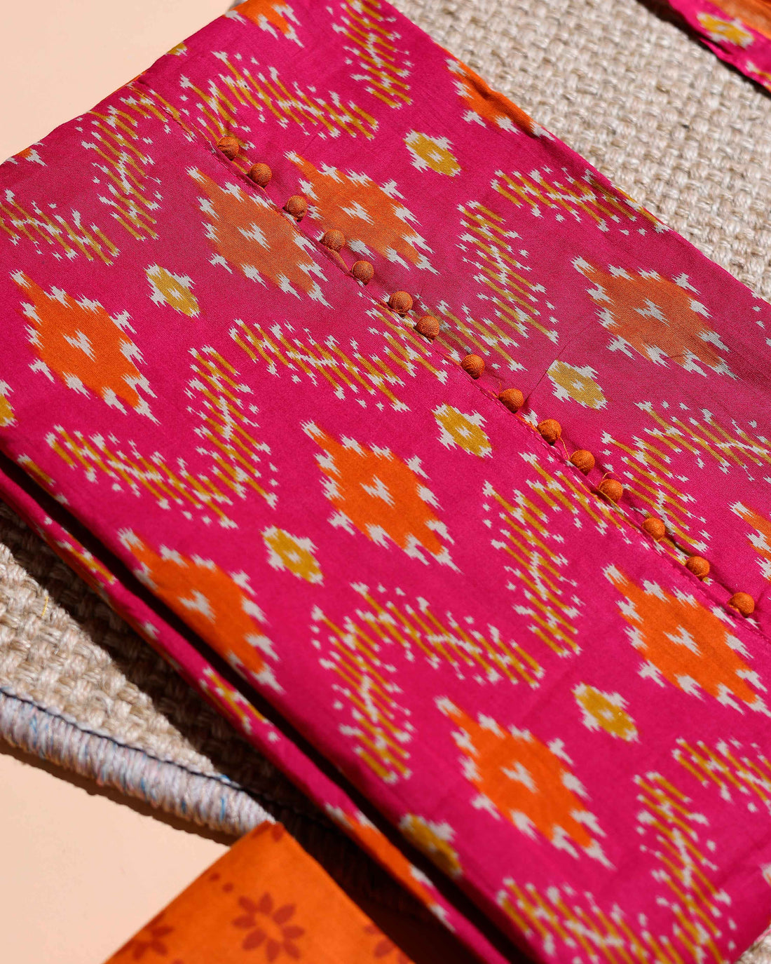 Women's Traditional Ikat Printed Cotton Salwar Material with Contrasting Bottom and Elegant Dupatta - Pink