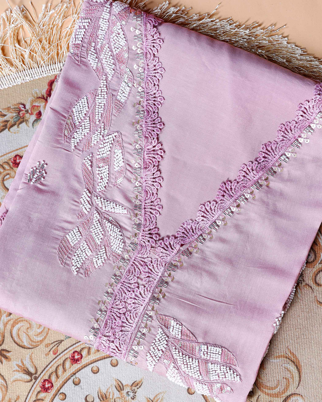 Women's Unstitched Salwar Material Set with Intricate Embroidered Neckline and Lightweight Dupatta - Light Purple