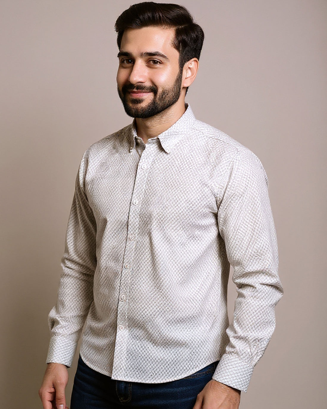 Men's Native Bull Brand Textured Casual Shirt with Spread Collar and Full Sleeves - Grey