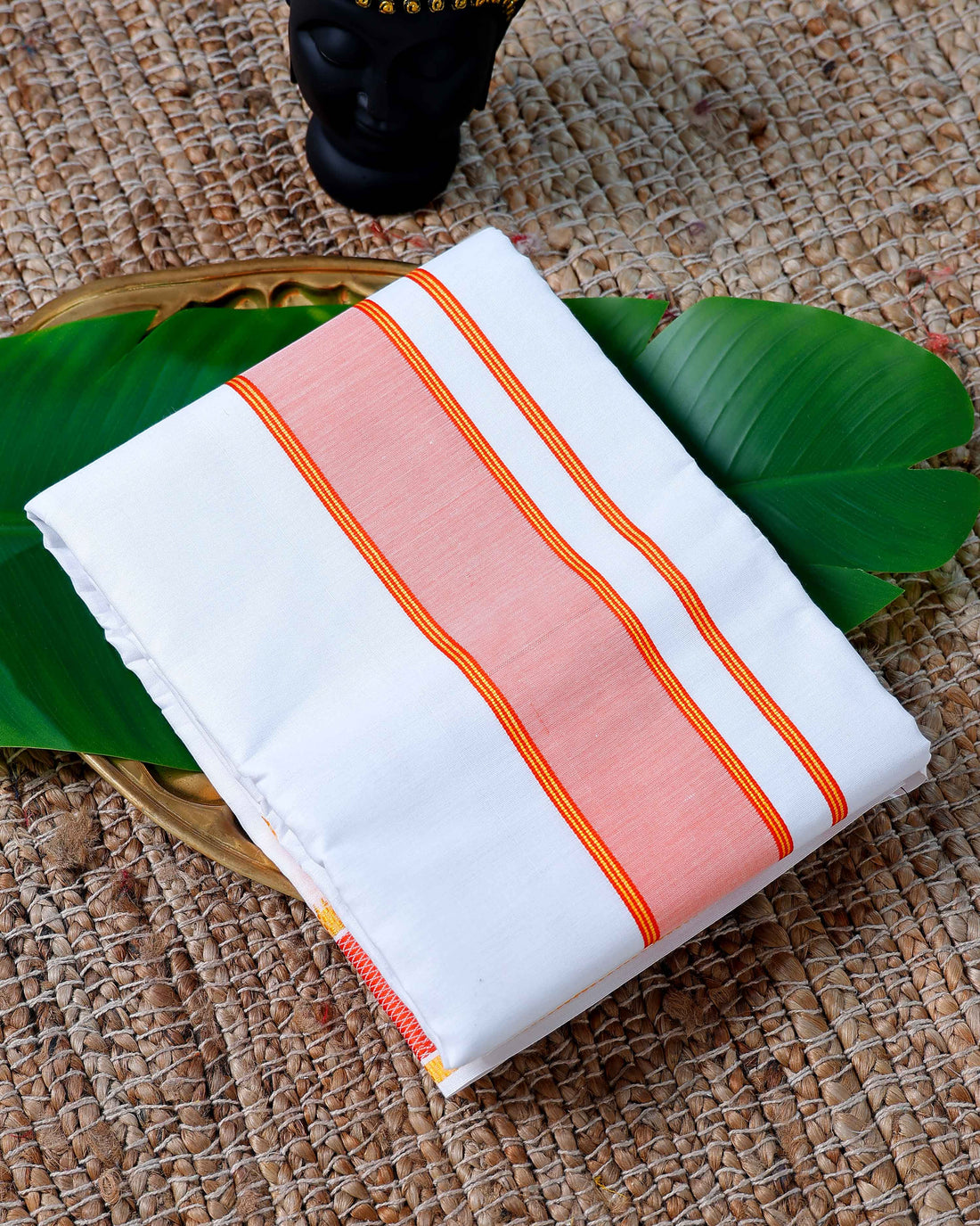 Men’s Cotton Dhoti with Orange Border - White