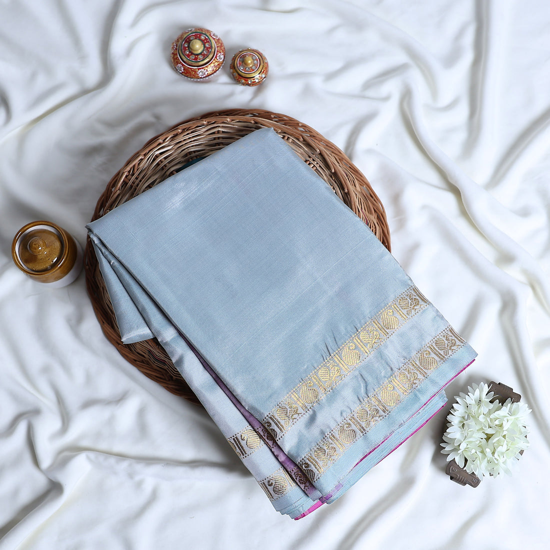 Light Grey Banana Pith Semi Silk Saree for Women | Wedding & Festive occasion | Jeyachandran - Full View