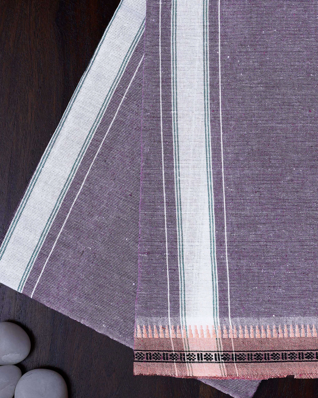 Men's Handloom Cotton Dhoti with Striped Pattern and Peach Border - Purple