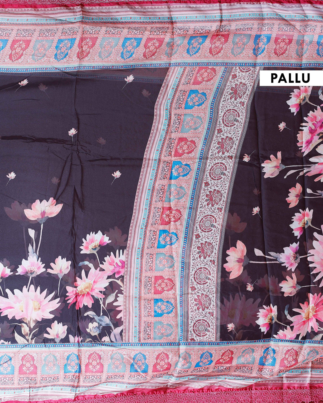 Stylish Georgette Saree with Bold Floral Prints and Traditional Patterned Border - Black