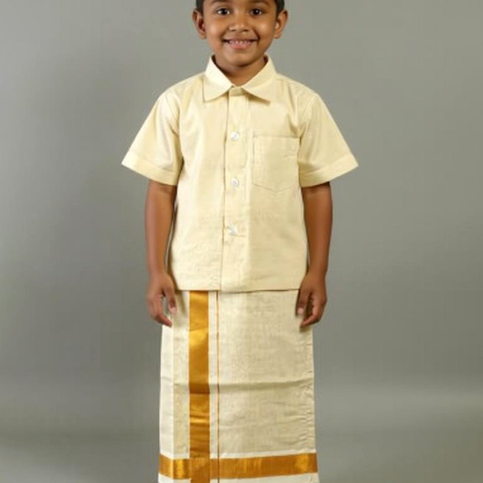Traditional Kids Shirt and Dhoti Set - Gold