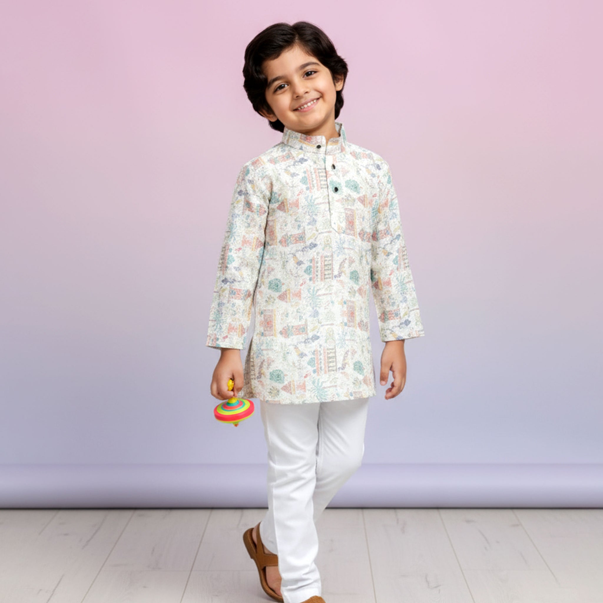 Boys Off-White Kurta Set with Multicolor Village Scene Print