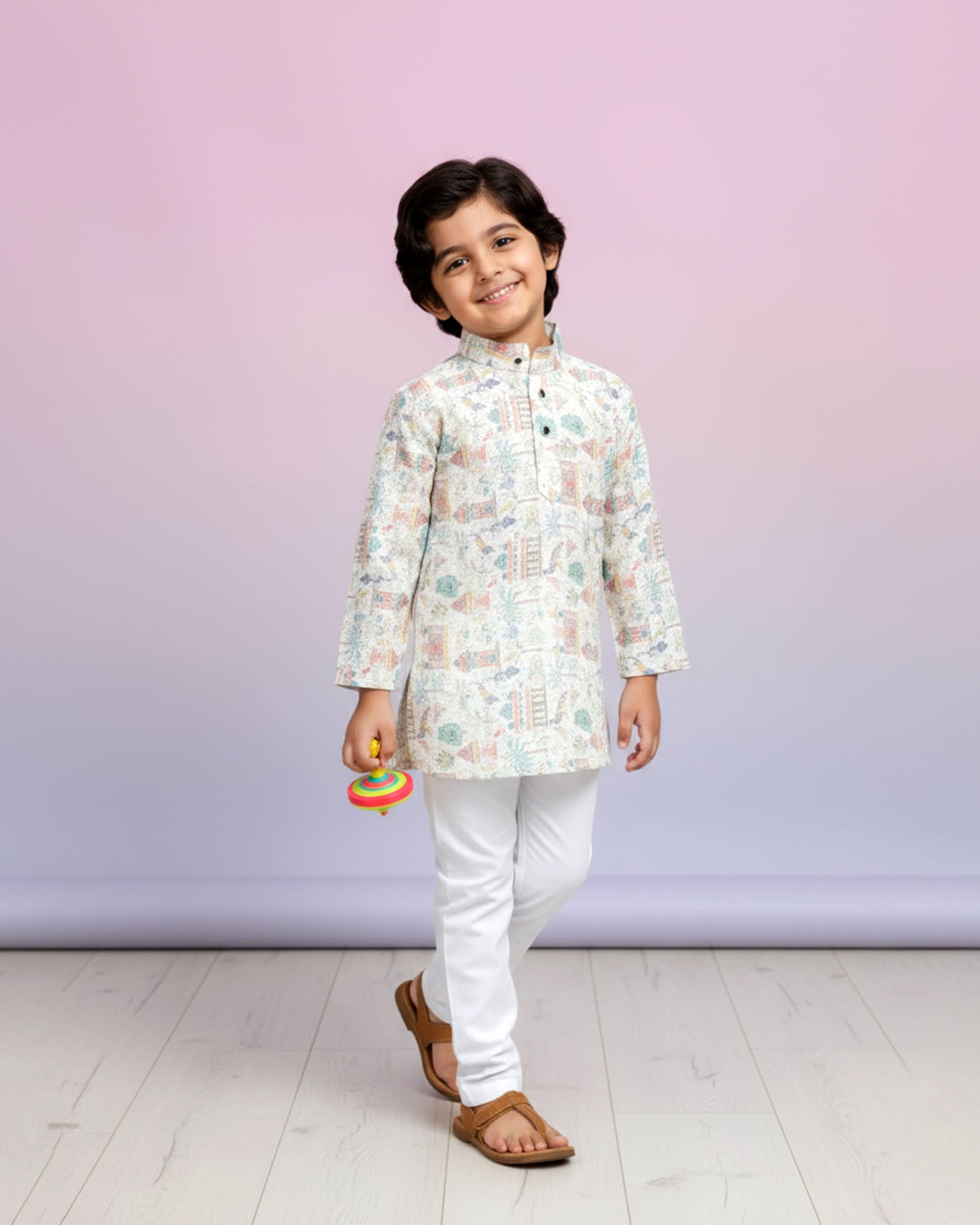 Boys green kurta adorned with traditional Bandhani-inspired patterns in red and gold., Multi