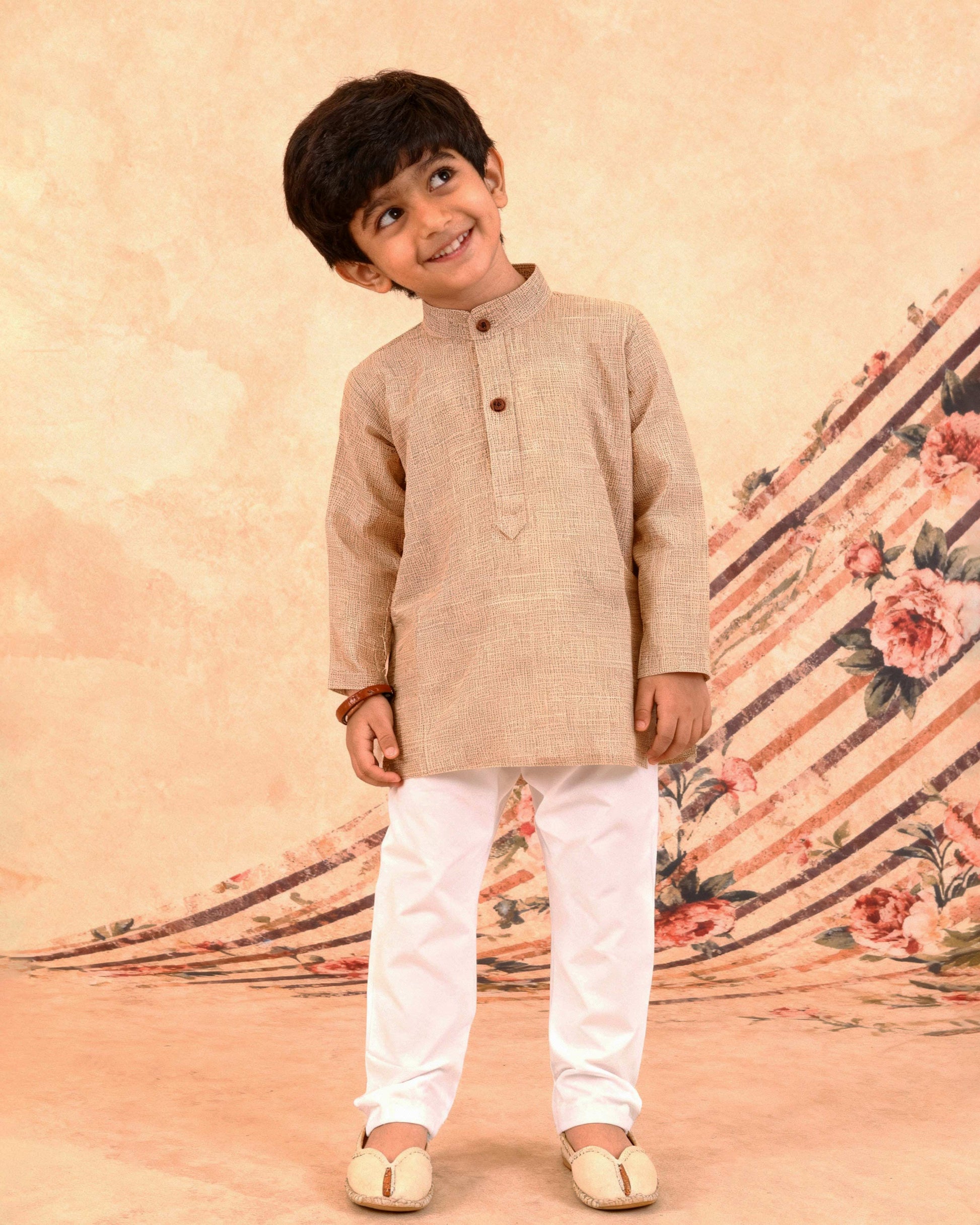 Boys Festive Kurta Set with Mandarin Collar, Beige