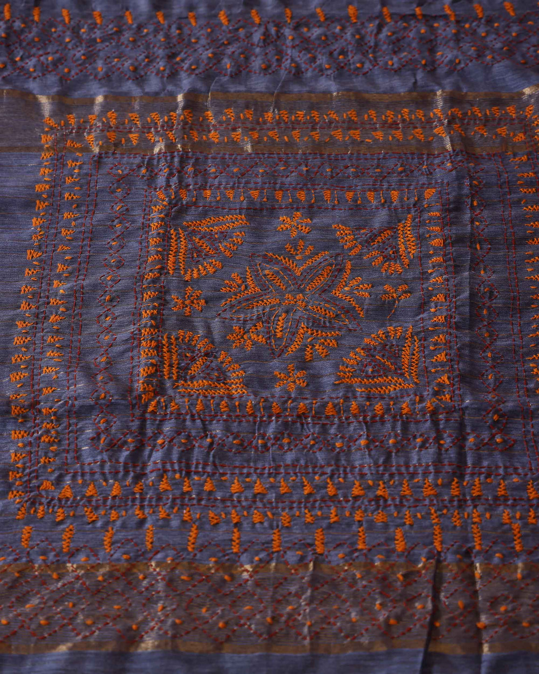 Classic Kantha Hand Embroidered Saree with Intricate Geometric Motif and Contrast Border - Grey