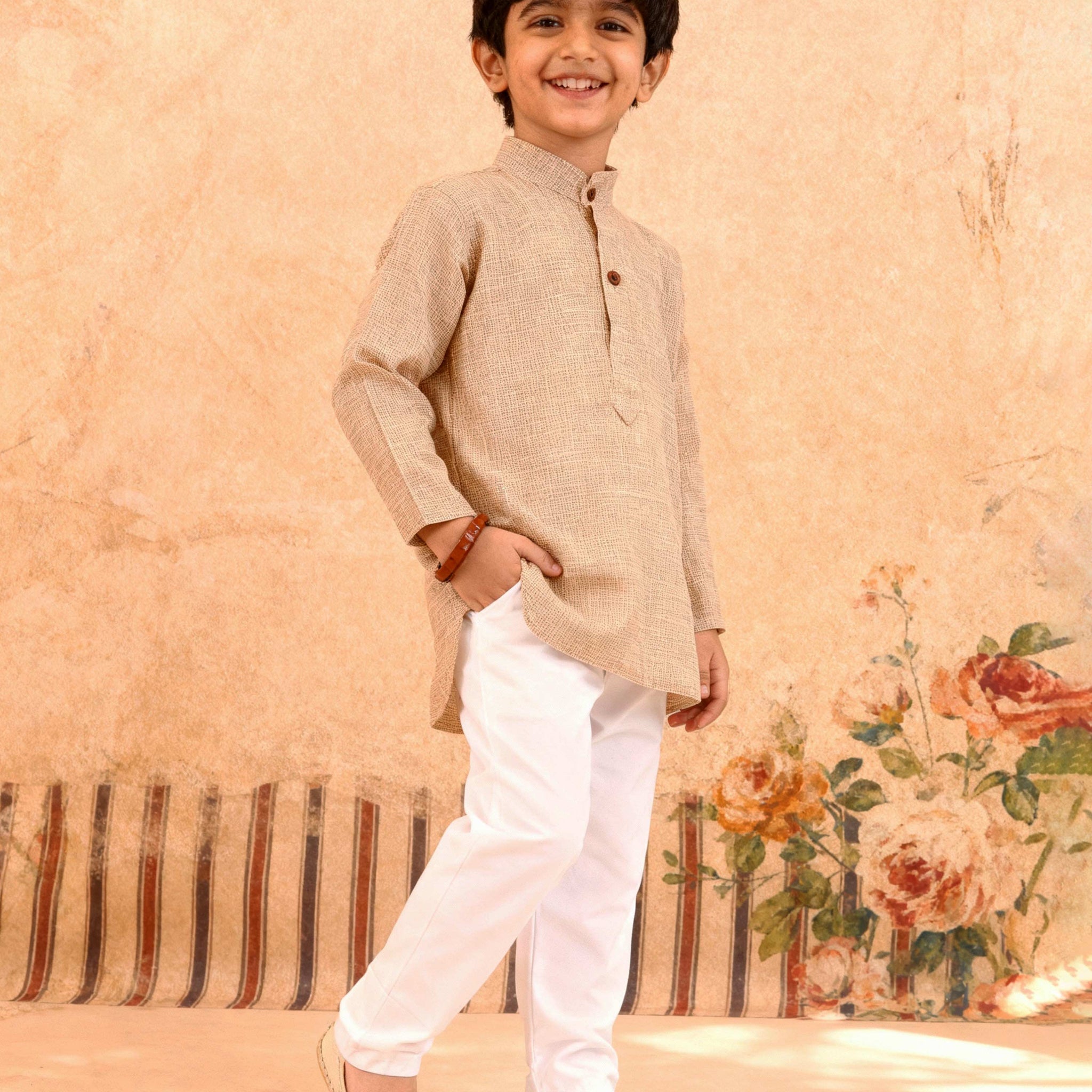 Boys Festive Kurta Set with Mandarin Collar -Sandal