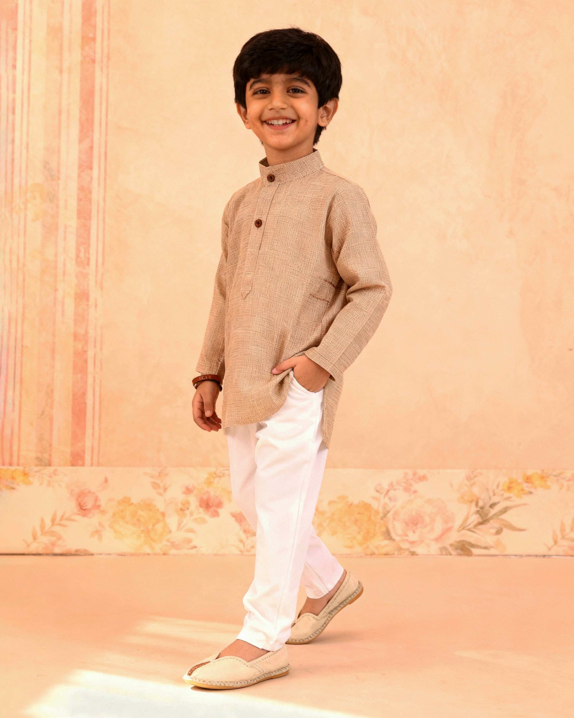 Boys Festive Kurta Set with Mandarin Collar, Beige