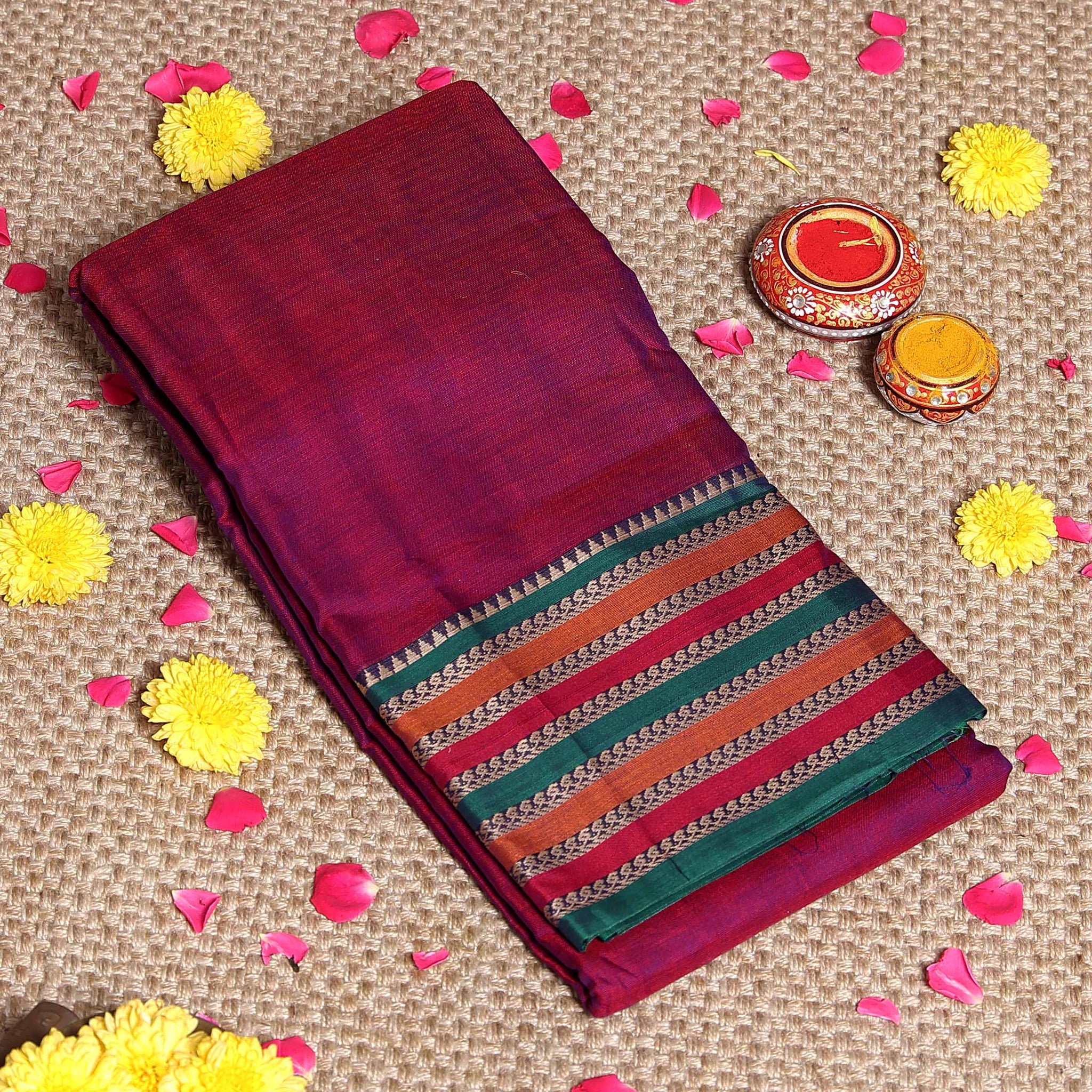 Traditional Narayanpet Cotton Saree Classic Temple Border and Striped Pallu - Purple