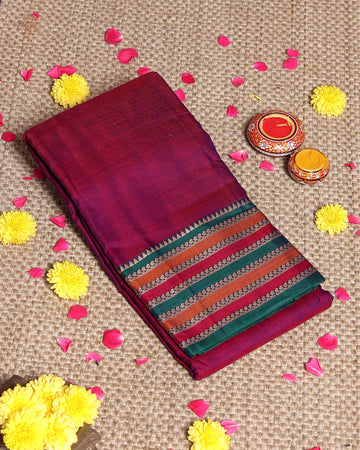Traditional Narayanpet Cotton Saree Classic Temple Border and Striped Pallu - Purple