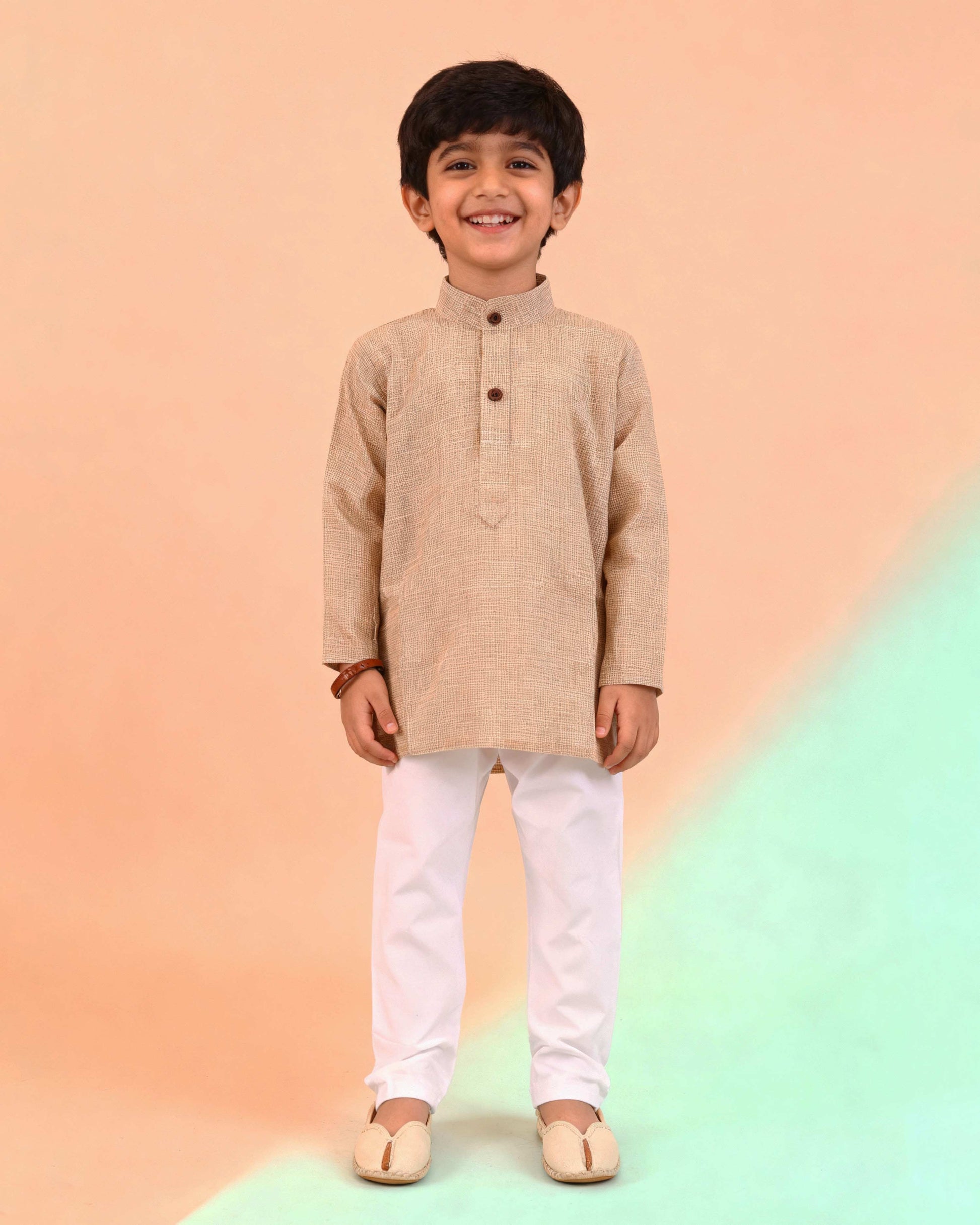 Boys Festive Kurta Set with Mandarin Collar, Beige