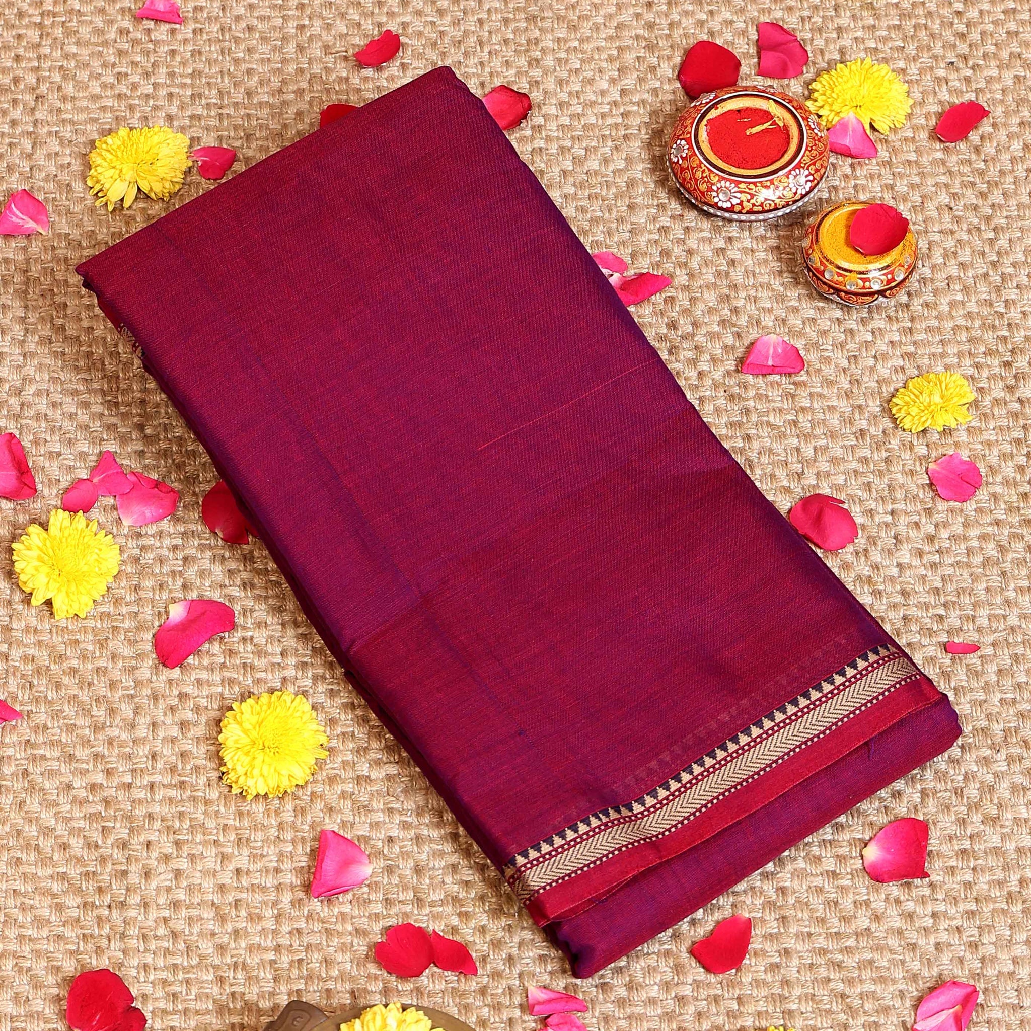 Traditional Authentic Narayanpet Cotton Handloom Saree with Traditional Temple Border & Fine Woven - Magenta