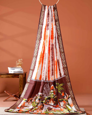 Elegant Brown shades and the rural scenic artwork Dola Saree