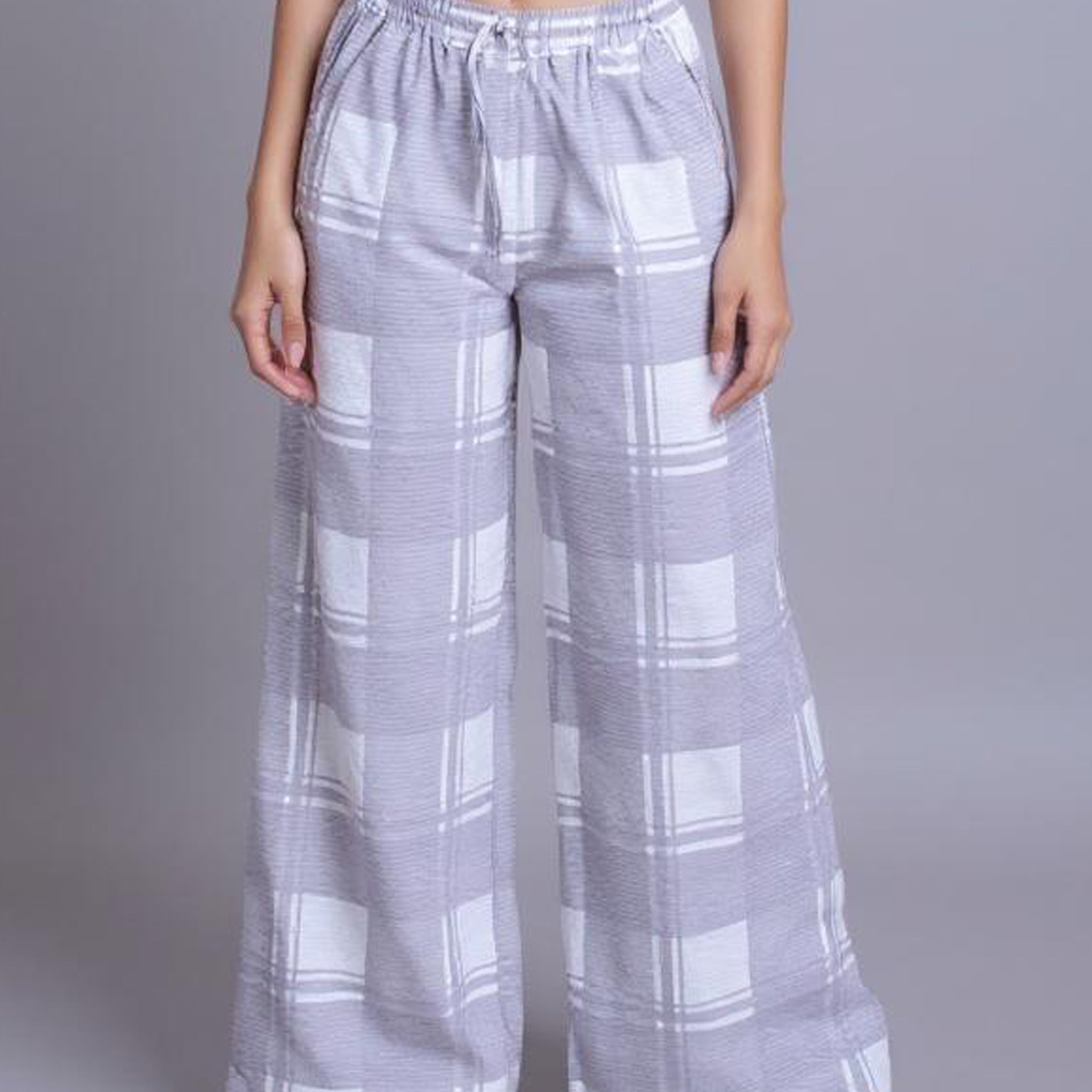 Checked Drawstring Wide-Leg Palazzo Pant - Grey