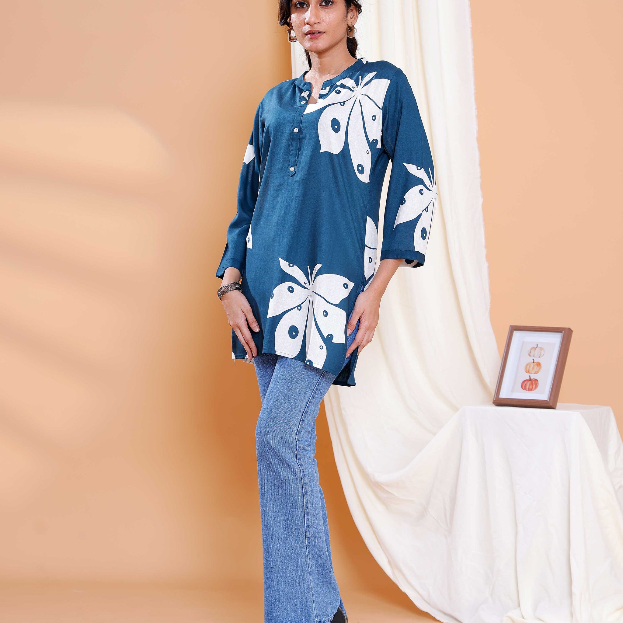 Teal Blue Floral Digital Print Kurti