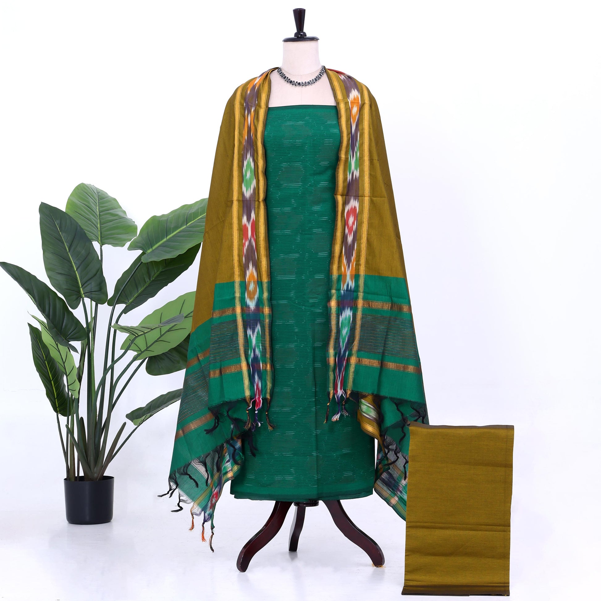 Emerald Green Cotton Unstitched Salwar Material for Women | Ethnic Summer Collection | Jeyachandran - Full View