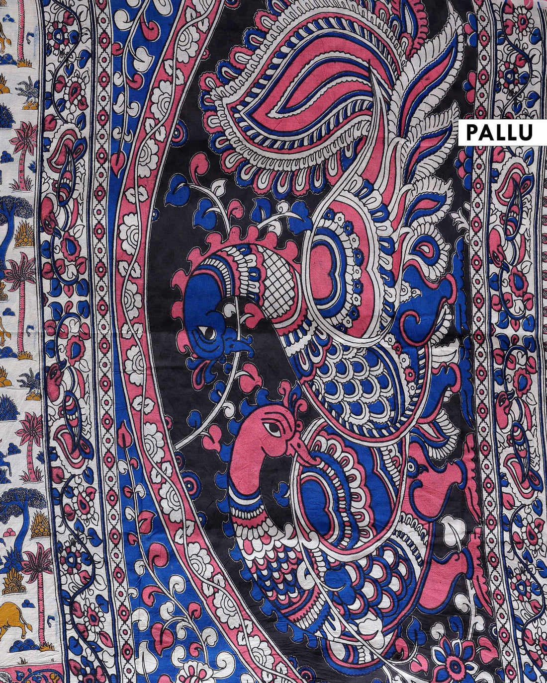 Handcrafted Kalamkari Cotton Saree with Wildlife and Tree Block Print Design - Cream