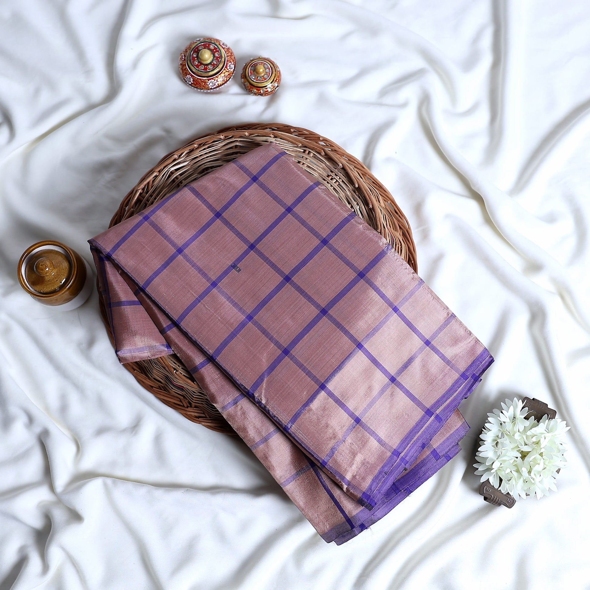 Banana Pith Saree with Purple Checks and Border