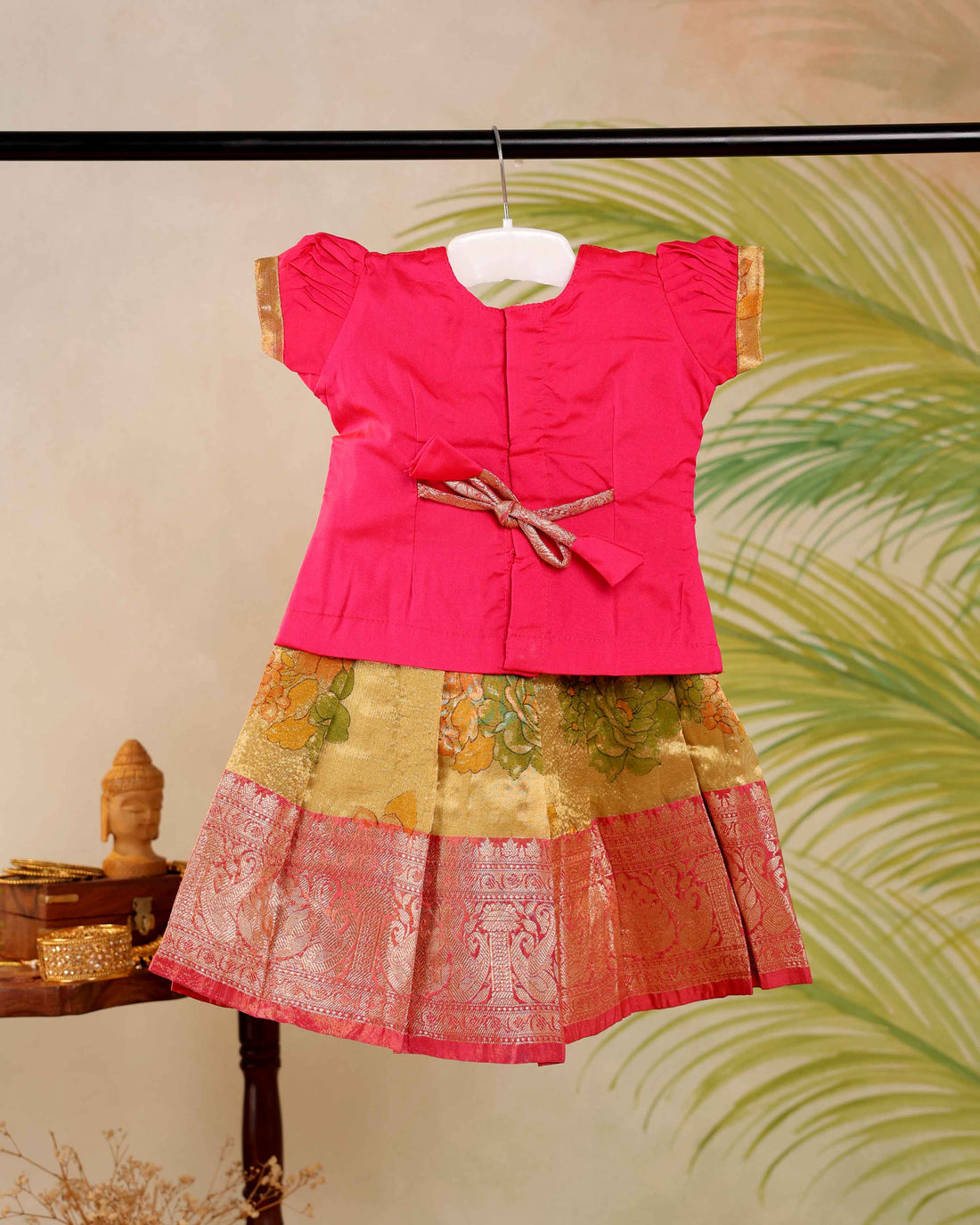 Elegant Kids Pattu Pavadai Readymade a Traditional Ethnic Gown with a Zari Border & Puff Sleeves  - Pink