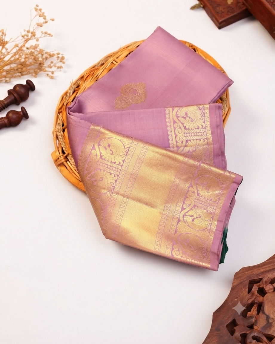 Elegant Kanchipuram Pure Silk Saree with Classic Temple Border and Butta Design - Lavender