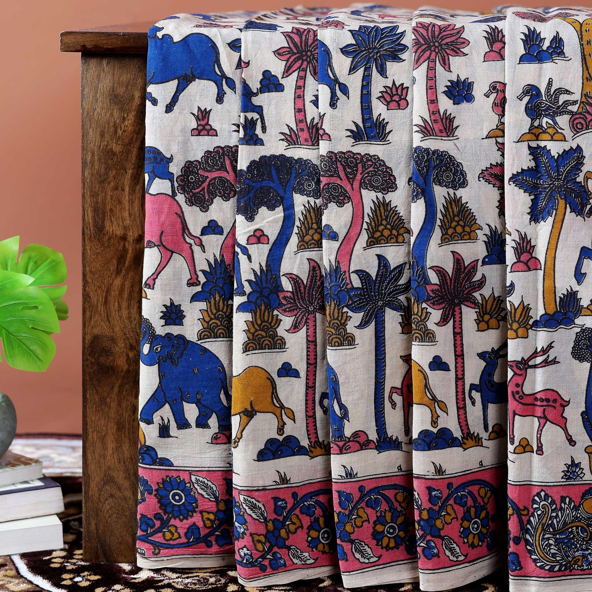 Handcrafted Kalamkari Cotton Saree with Wildlife and Tree Block Print Design - Cream