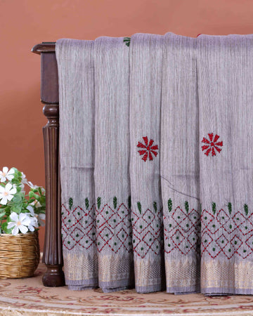 Elegant Kantha Hand Embroidered Saree with Intricate Floral Motif and Contrast Border - Light Grey