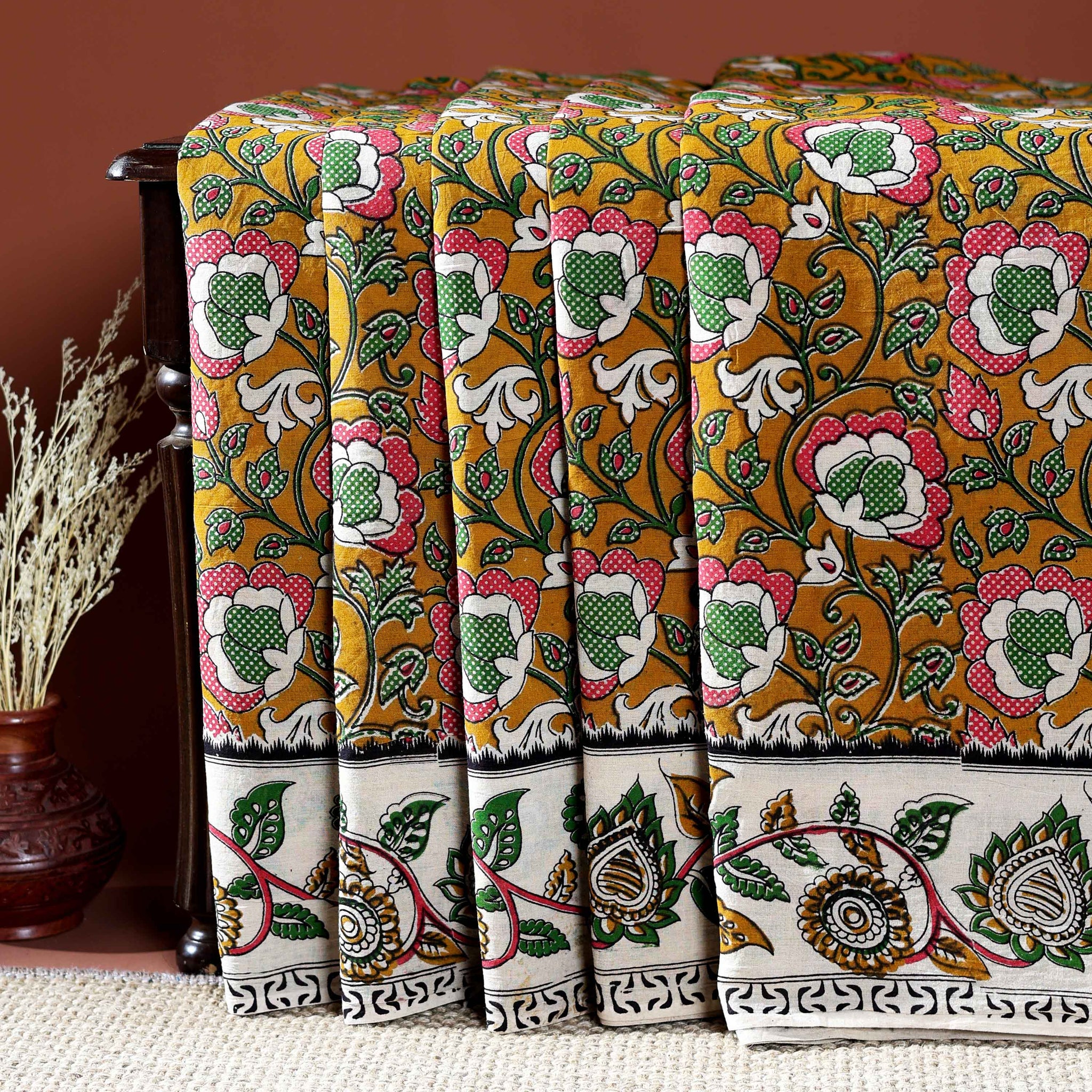 Traditional Handloom Kalamkari Cotton Saree with Intricate Floral and Avian Motifs - Yellow