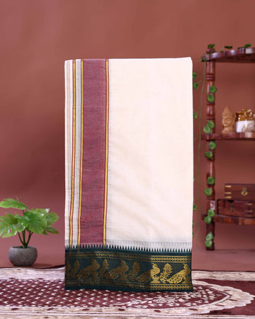 Traditional Men’s Handloom Cotton Dhoti 9*5 Meter with Elegant Multi Border – Off White