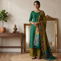 Emerald Green Cotton Salwar Material With Striped Weave Olive Green Dupatta And Striped Border Front View