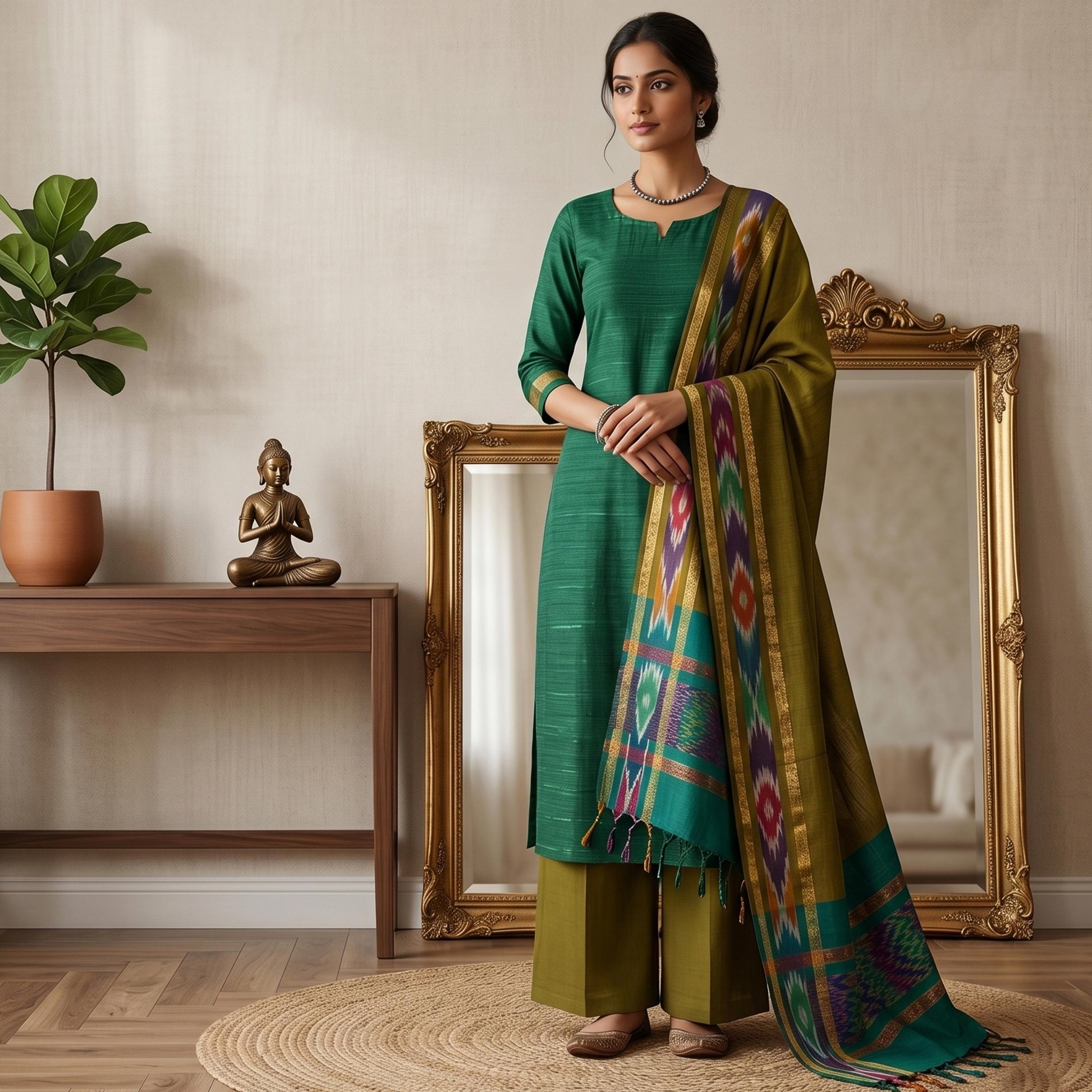 Emerald Green Cotton Salwar Material With Striped Weave Olive Green Dupatta And Striped Border Front View