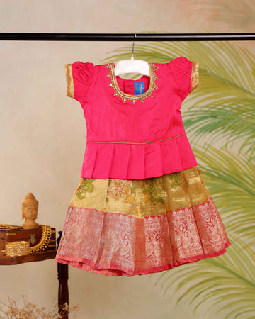 Elegant Kids Pattu Pavadai Readymade a Traditional Ethnic Gown with a Zari Border & Puff Sleeves  - Pink