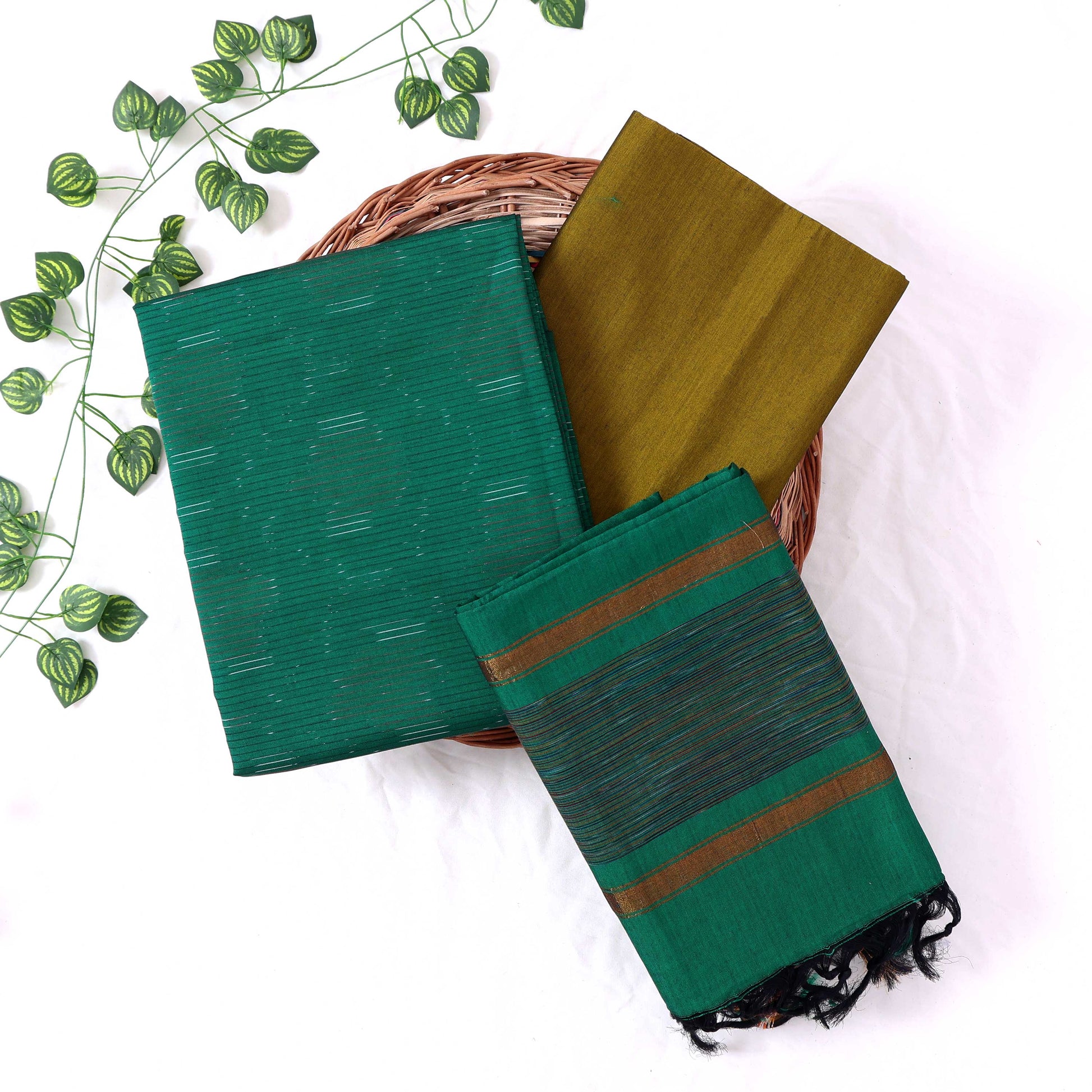 Cotton Salwar Material In Emerald Green With Striped Pattern Olive Green Contrast Dupatta Flat Lay View