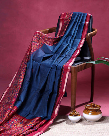 Elegant Semi Chanderi Saree with a Plain Body and Floral Inspired Border Border - Blue