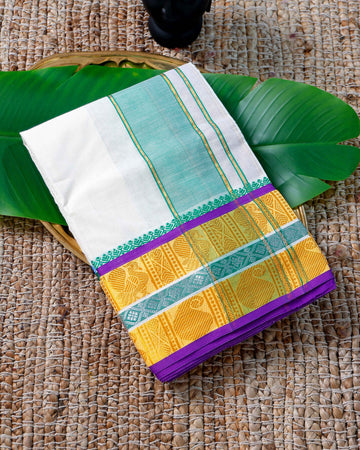 Men’s Cotton Dhoti with Multi Colour Border - White
