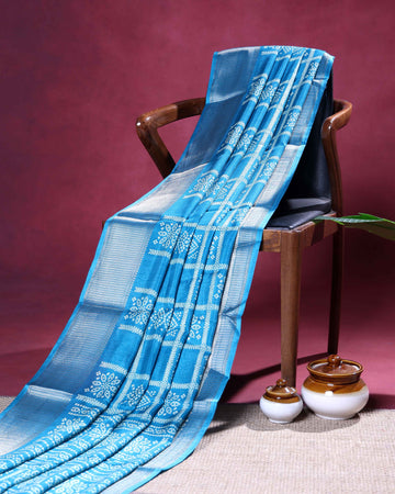 Elegant Dola Silk Saree with Traditional Geometric Square Buta Motifs and Intricately Woven Classic Border - Sky Blue