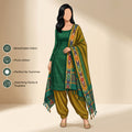 Emerald Green Cotton Salwar Material With Olive Green Contrast Dupatta Striped Border And Tassel Detail Illustrated Front View