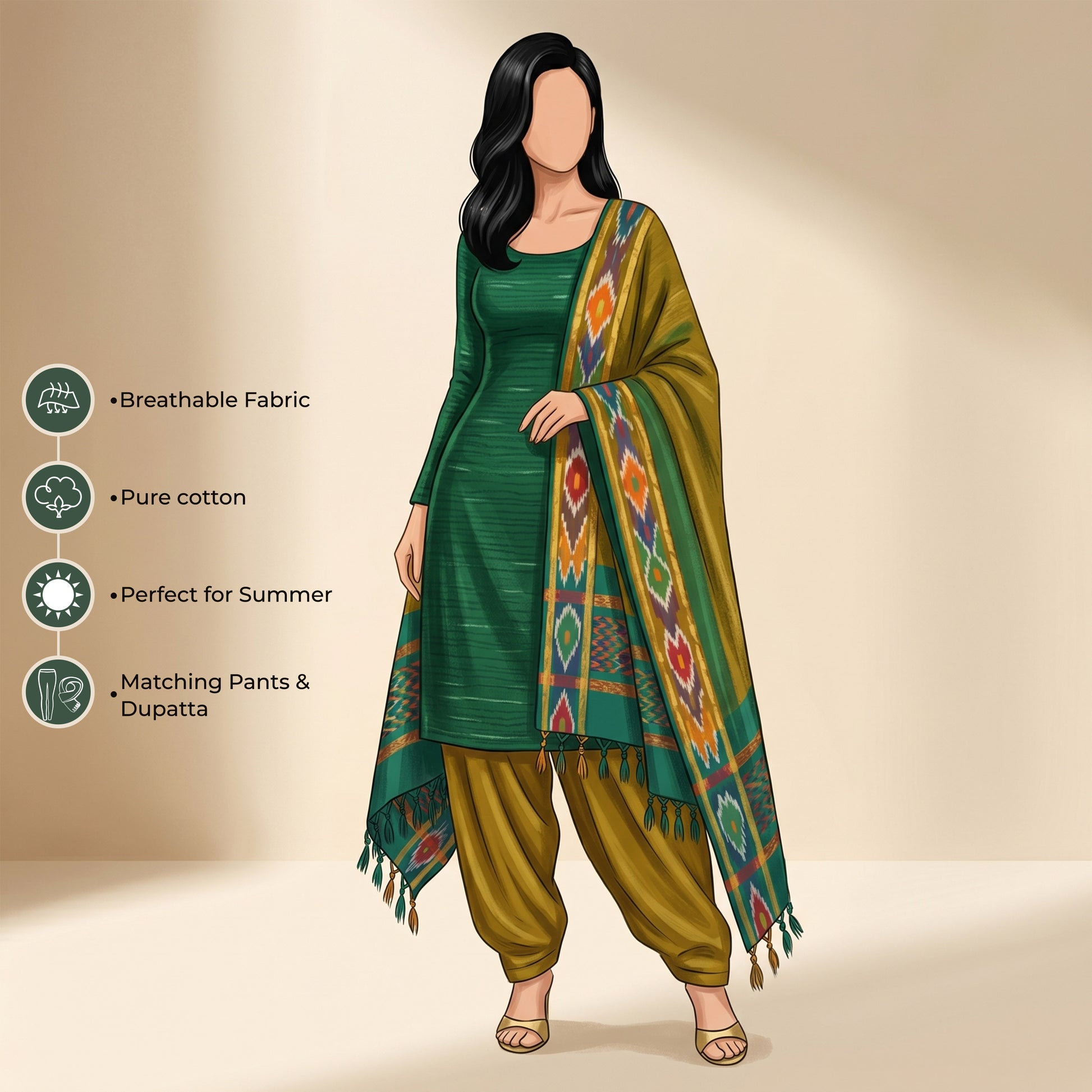 Emerald Green Cotton Salwar Material With Olive Green Contrast Dupatta Striped Border And Tassel Detail Illustrated Front View