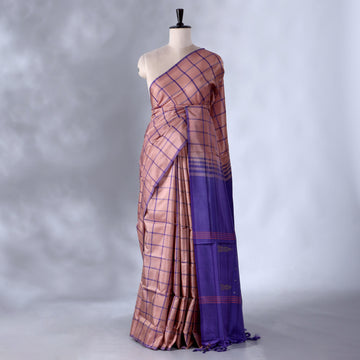 Rose Gold Banana Pith Saree with Checkered Weave and Contrast Border- Full View