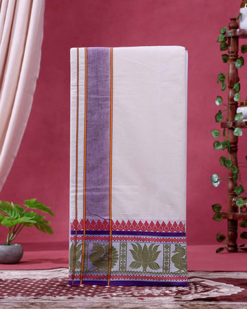 Traditional Men’s Handloom Cotton Dhoti  9*5 Meter with Elegant Multi Border - Off White