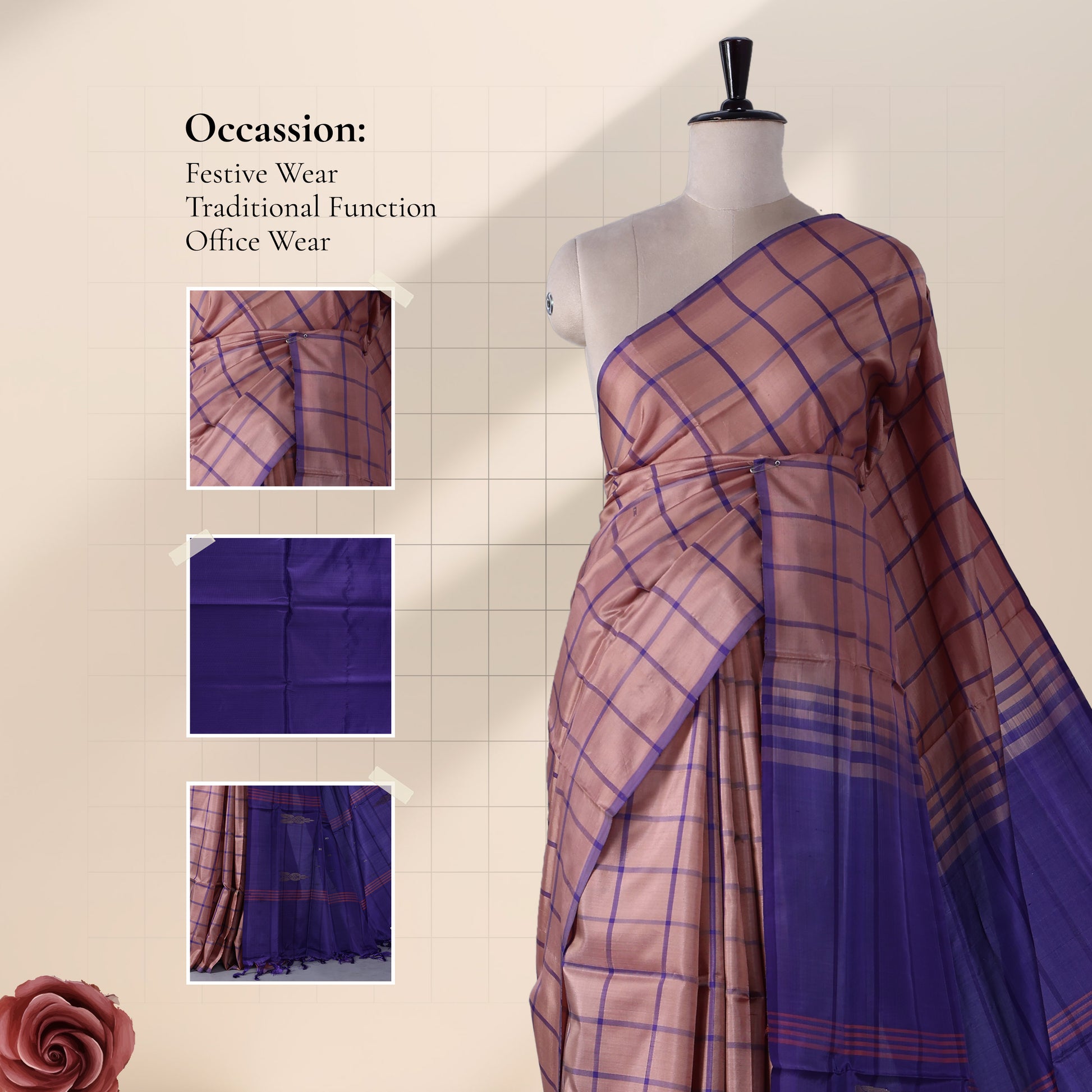 Banana Pith Saree in Rose Gold and Purple Checks with Contrast Pallu