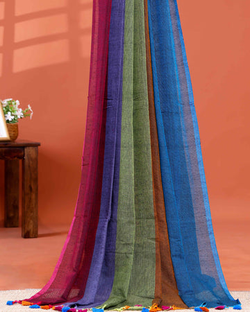 Handwoven Mul Mul Cotton Saree with Bold Striped Pattern and Tassel Detailing - Multi